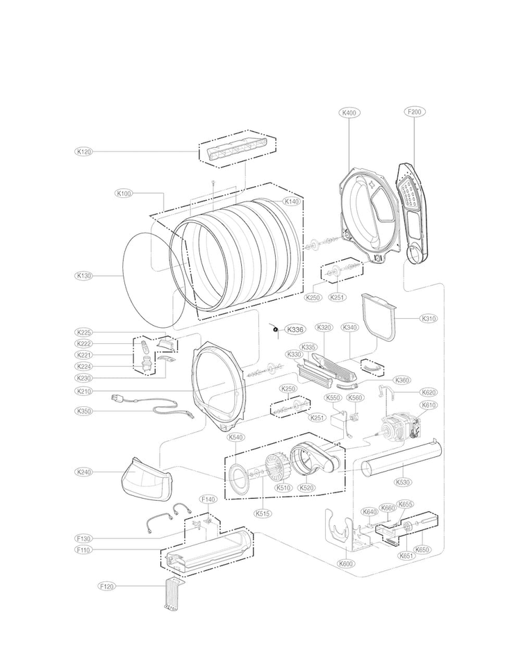 Drum And Motor Parts Diagram and Parts List for DLE1001W  LG Dryer