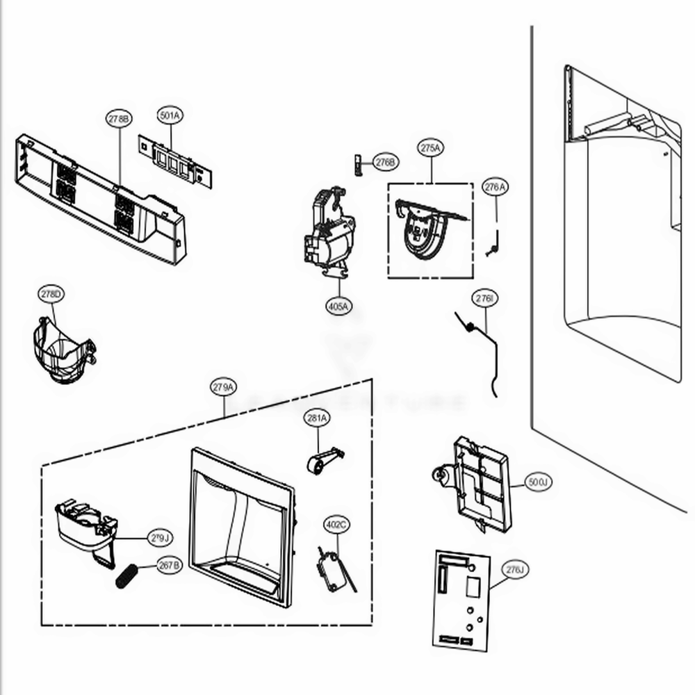 Dispenser Parts Diagram and Parts List for 72482 ASWCSE0 LG Refrigerator