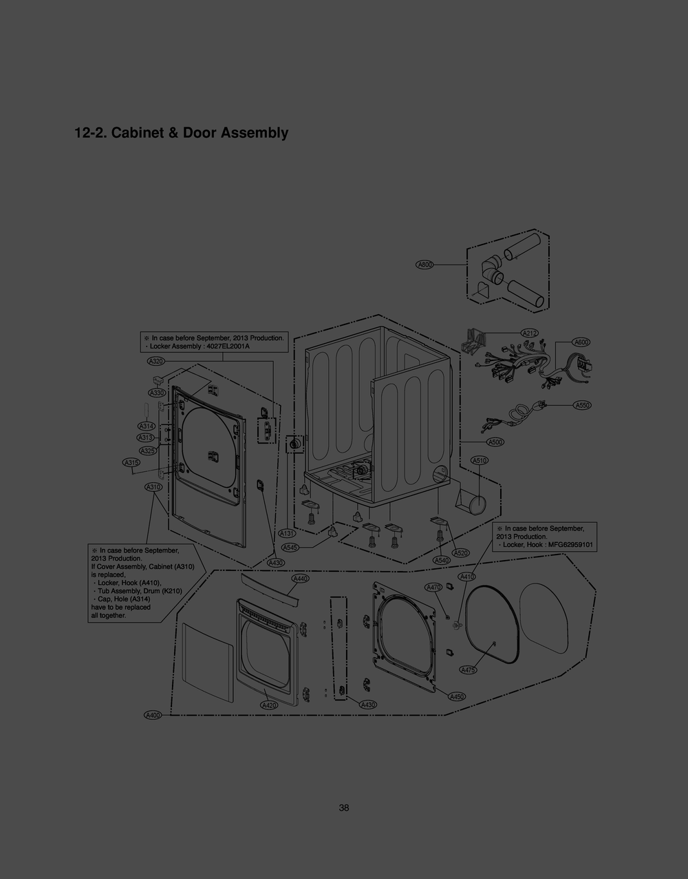 Cabinet And Door Assembly Diagram and Parts List for RV1371A ABWEECI LG Dryer