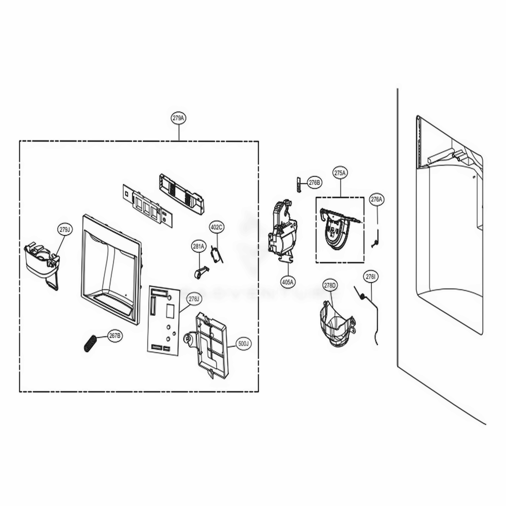 Dispenser Parts Diagram and Parts List for 74027 ASBCSE0 LG Refrigerator