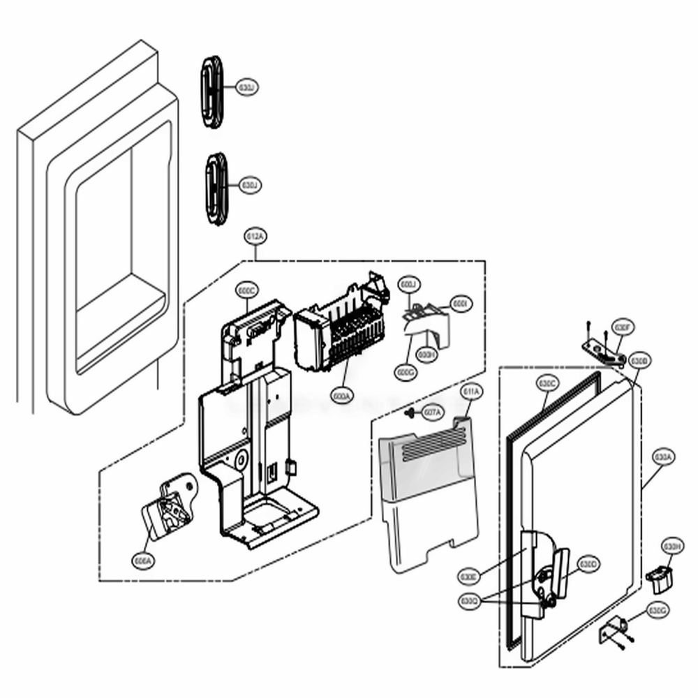 Ice Maker And Ice Bin Parts Diagram and Parts List for 74039 AWBCSE1 LG Refrigerator