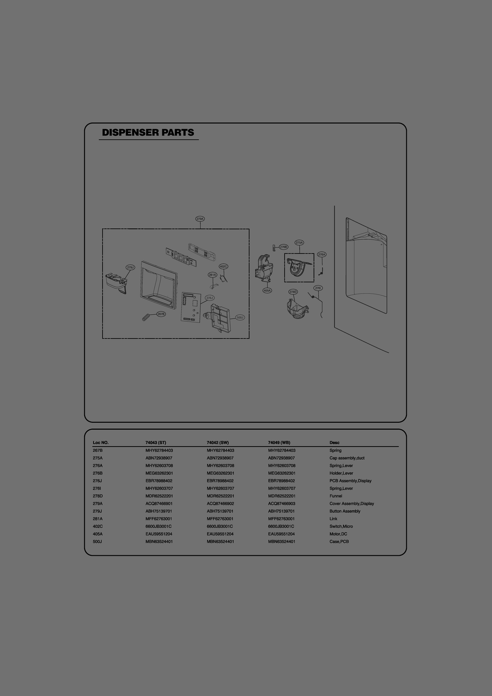 Dispenser Parts Diagram and Parts List for GR-L268LSTM ASTCSE0 LG Refrigerator