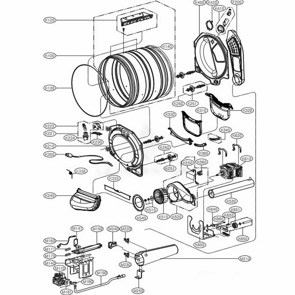 Drum And Motor Assembly Diagram and Parts List for LSDG389VS ASSEEUS LG Dryer