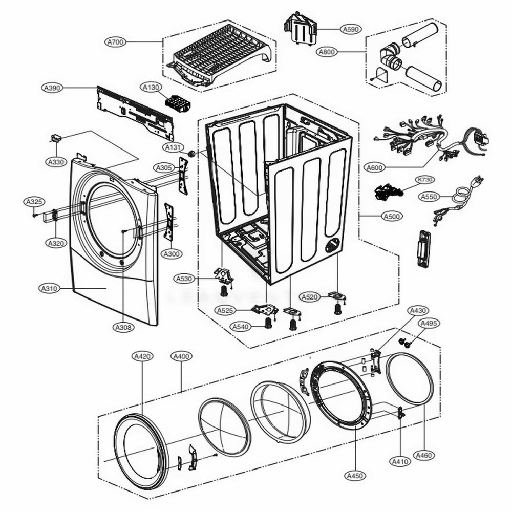 Cabinet And Door Assembly Gas Type Diagram and Parts List for DLGX3701V ASSEEUS LG Dryer