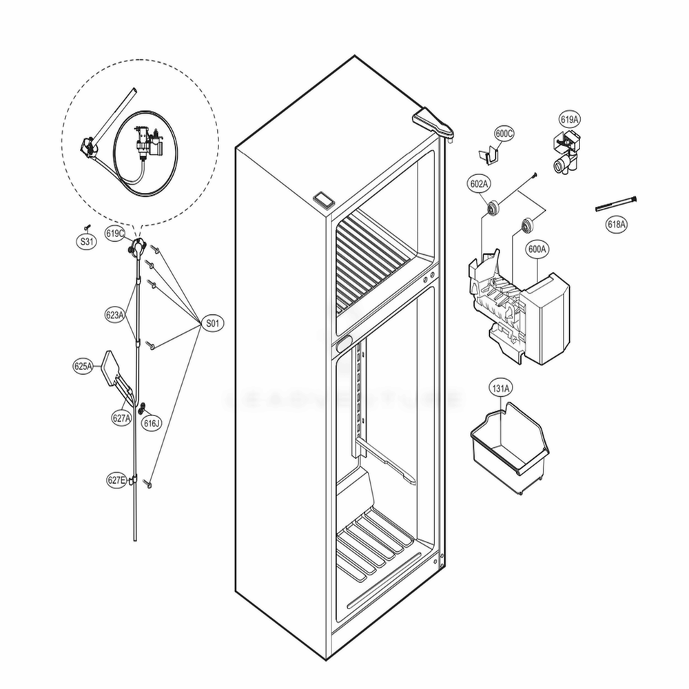 Ice Maker Parts Diagram and Parts List for 79432 ASWCSE0 LG Refrigerator