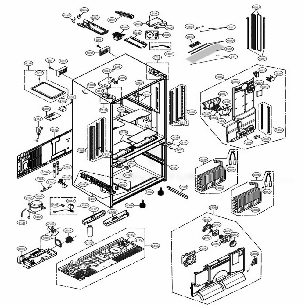 Case Parts Diagram and Parts List for 72099 AWBCSE1 LG Refrigerator