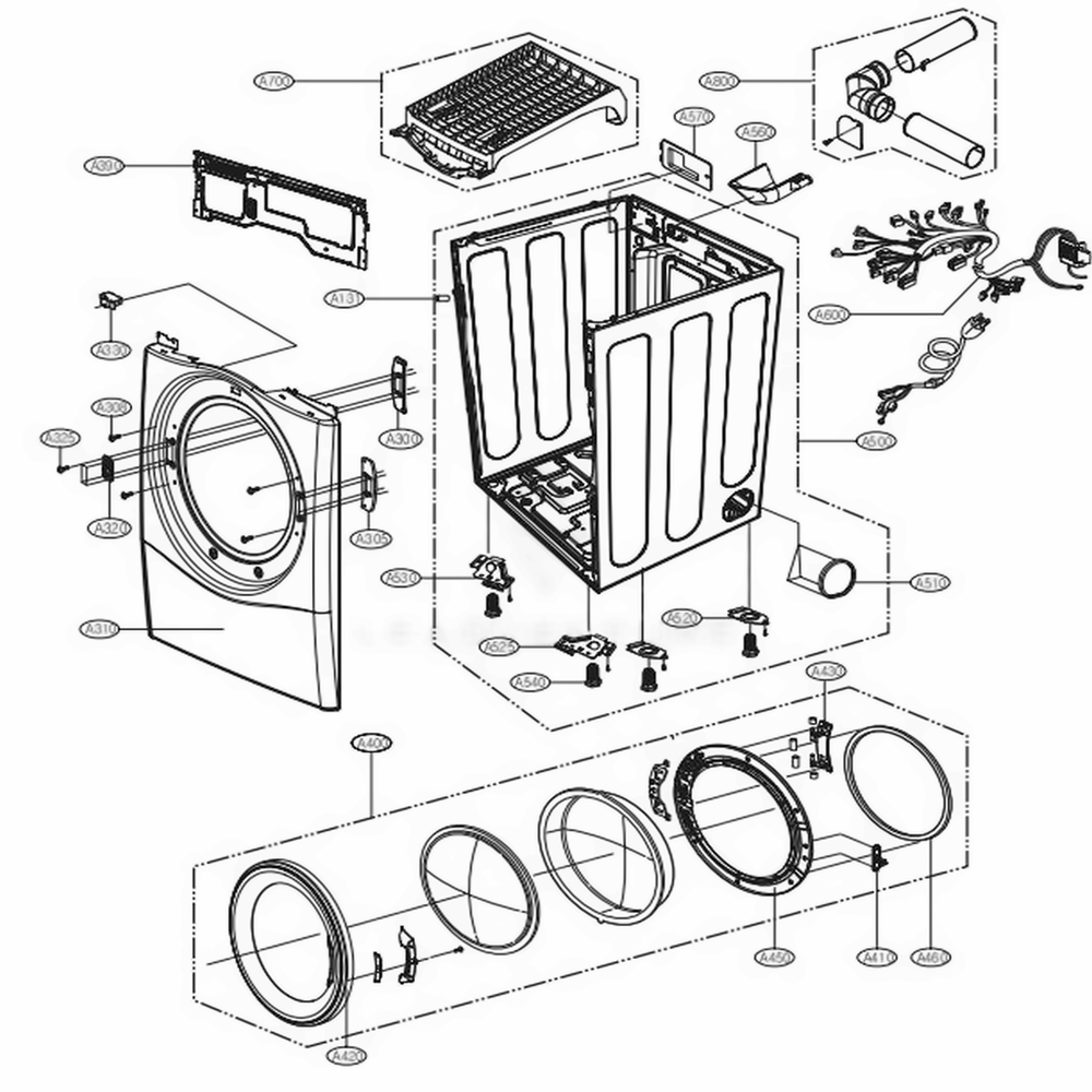 Cabinet And Door Assembly Diagram and Parts List for 706574 ACREEUS LG Washer Dryer Combo