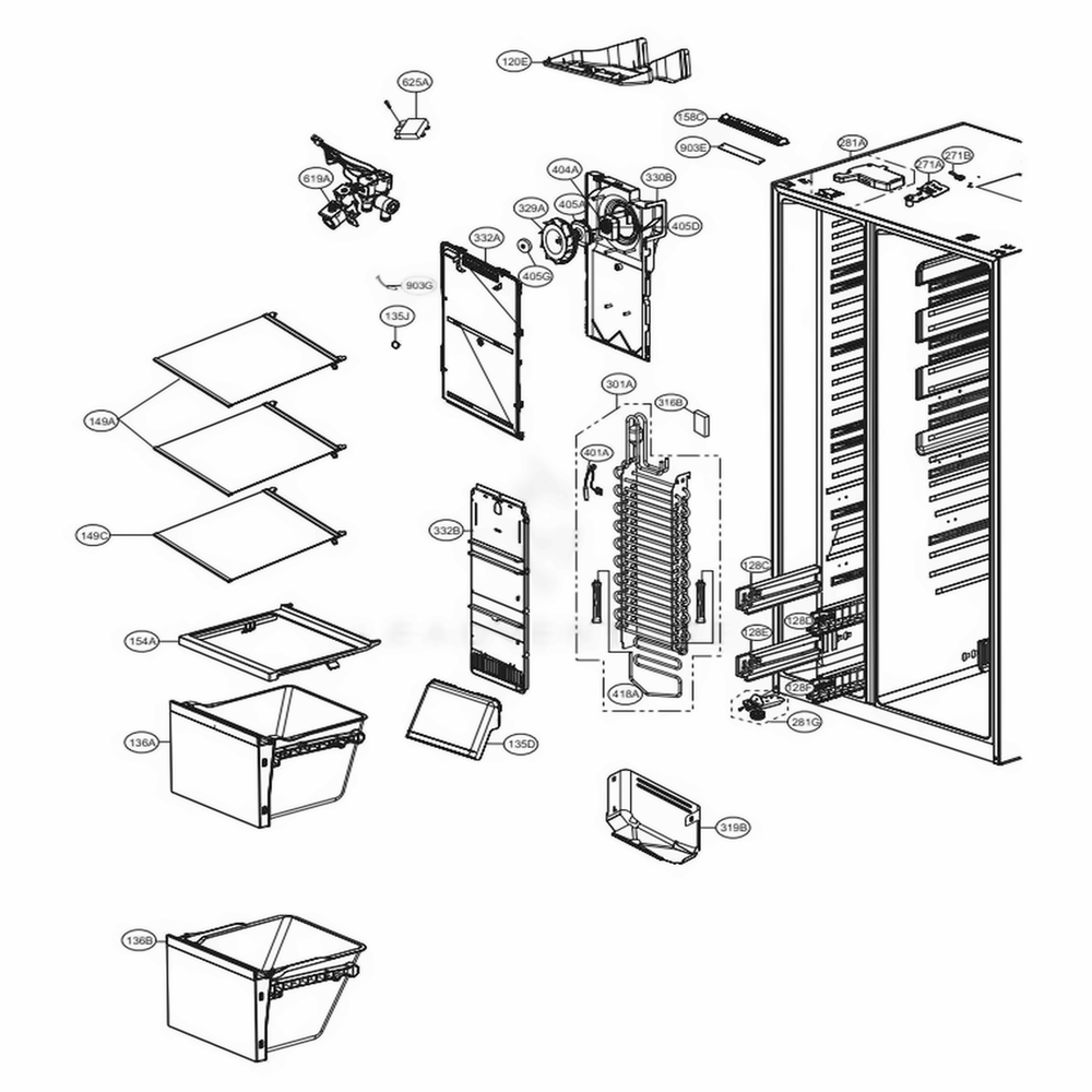 Freezer Compartment Diagram and Parts List for 51839 AWBCSE4 LG Refrigerator
