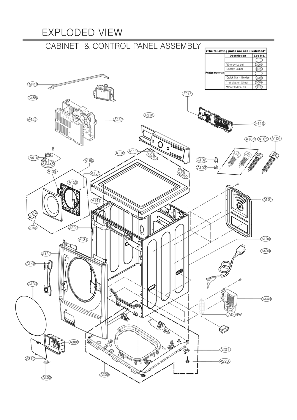 Cabinet And Control Panel Assembly Diagram and Parts List for FH4F3CCYK7 ASTESEU LG Washer