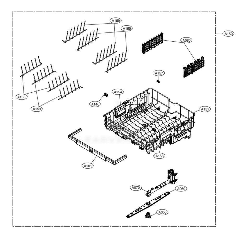 Upper Rack Assembly Diagram and Parts List for LUDP8908SN ASTEEUS LG Dishwasher