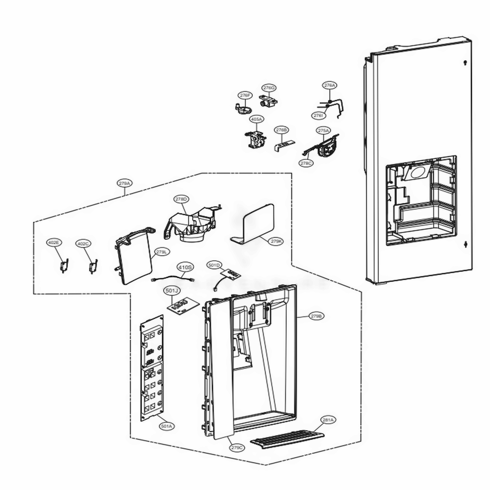 Dispenser Parts Diagram and Parts List for LMXS30796S ASTCNA1 LG Refrigerator