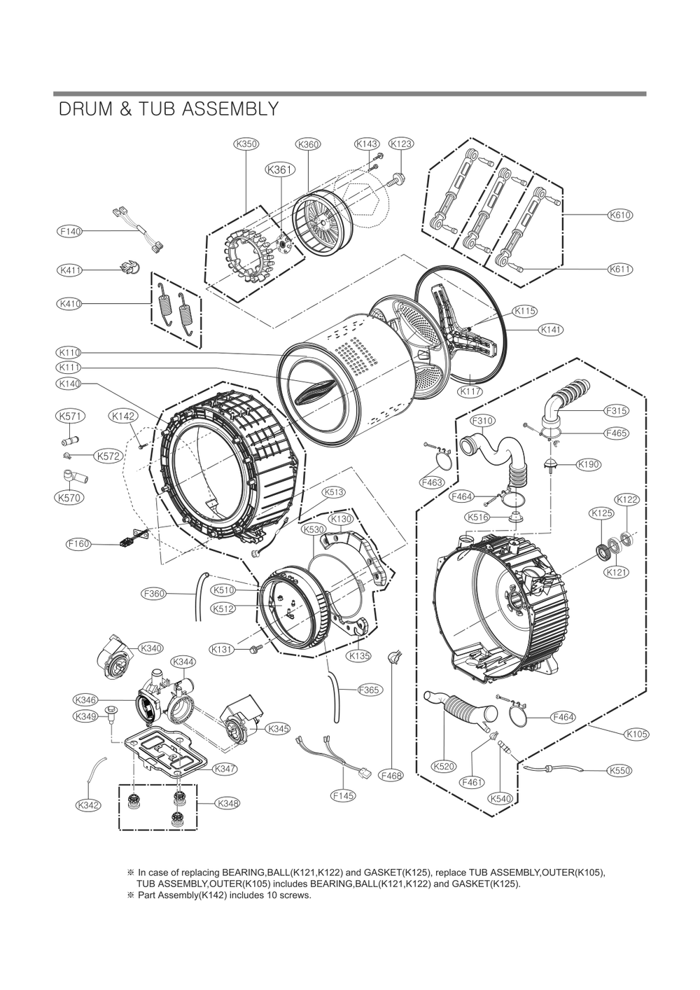 Drum And Tub Assembly Diagram and Parts List for FH3C4CDNK3 ABWESEU LG Washer