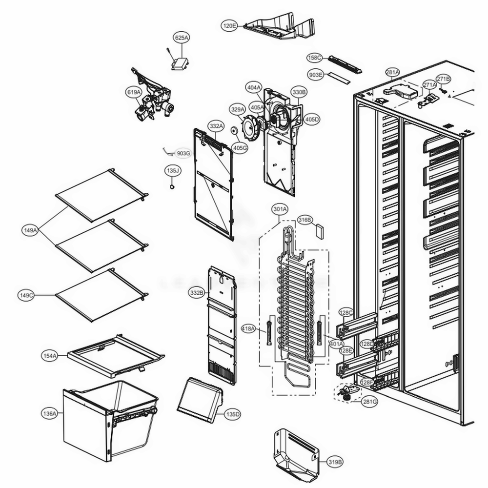 Freezer Compartment Diagram and Parts List for 51832 ASWCSE3 LG Refrigerator