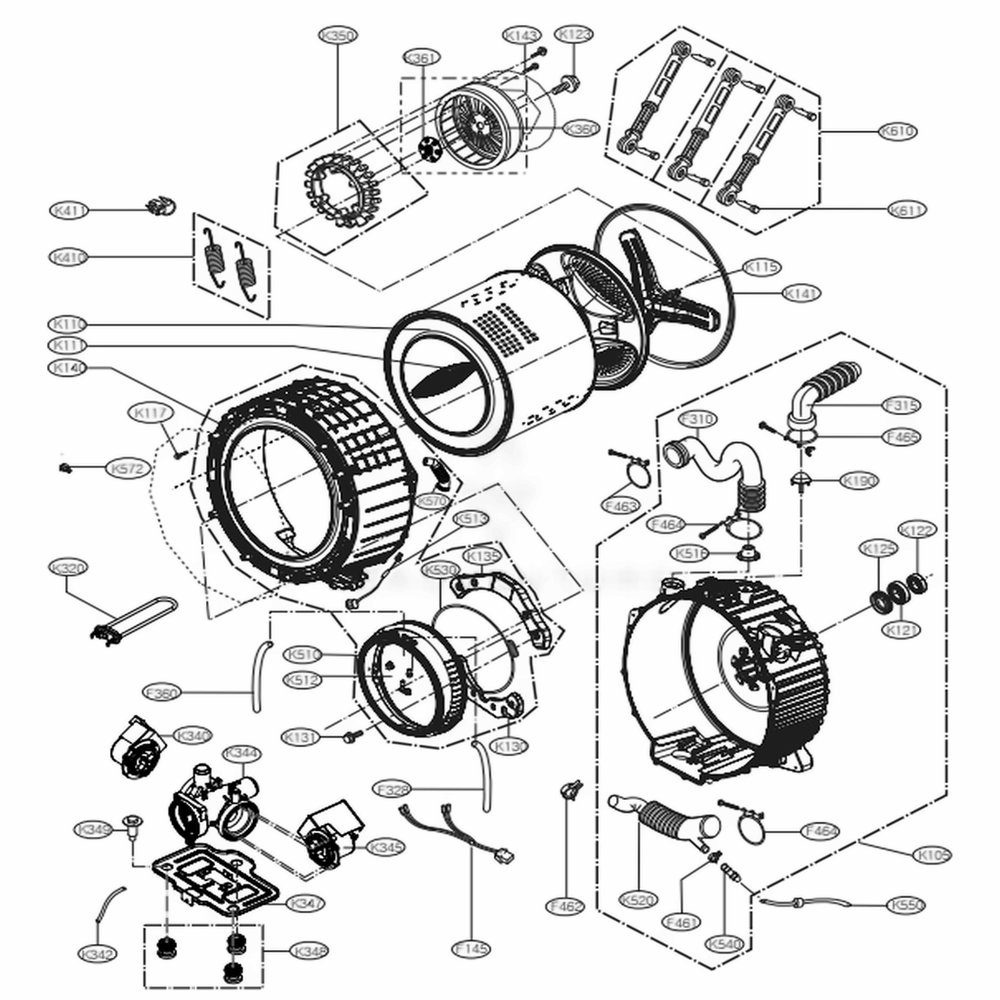 Drum And Tub Assembly Diagram and Parts List for WM9000HVA ASSEEUS LG Washer