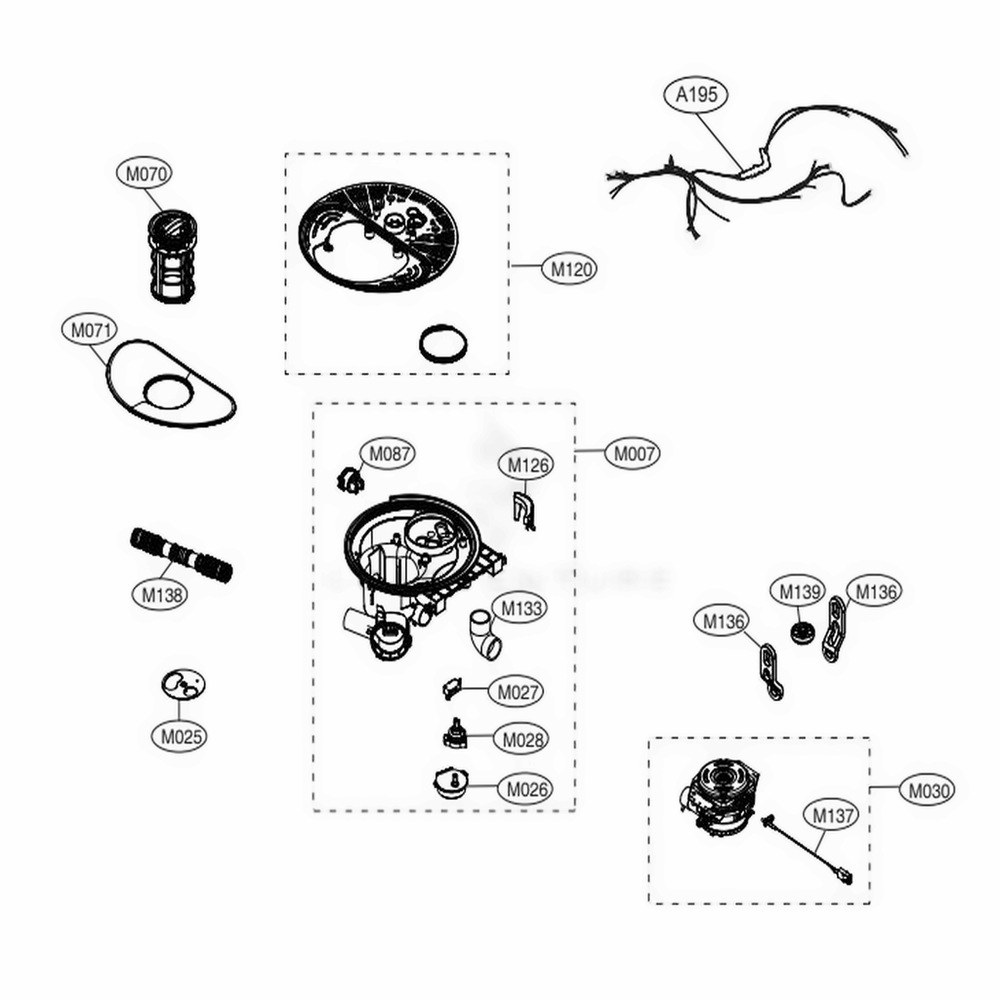 Sump Assembly Diagram and Parts List for LDT5665ST ASTEEUS LG Dishwasher