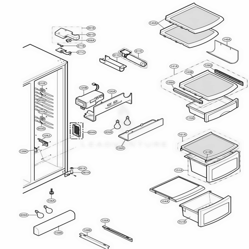 Refrigerator Compartment Diagram and Parts List for LSC27931SW ASW1LGA LG Refrigerator
