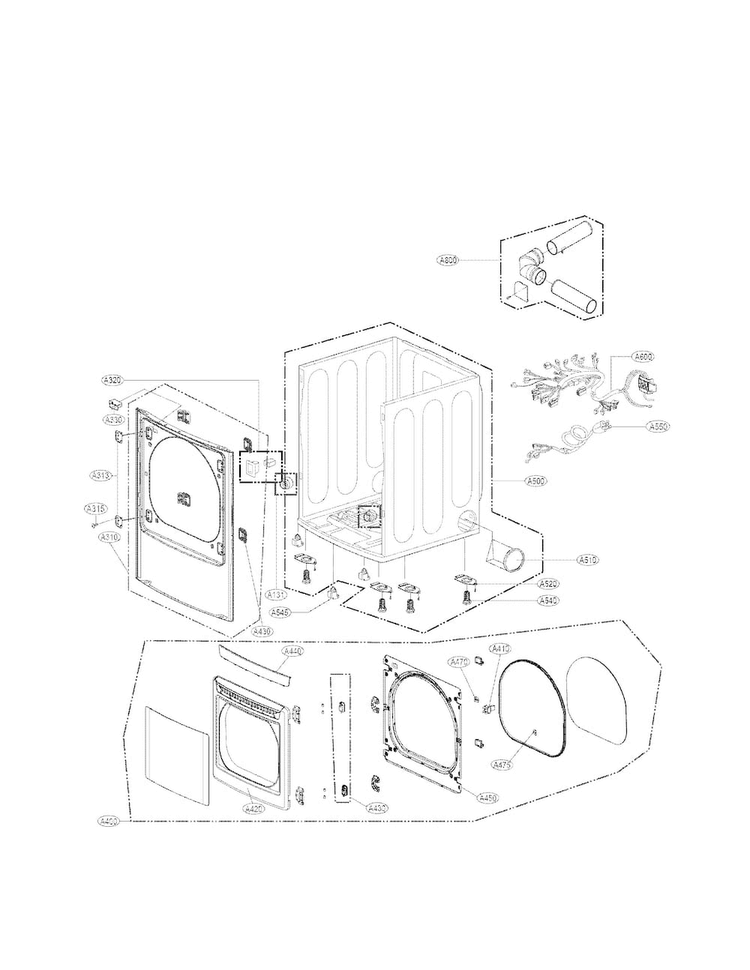 Cabinet And Door Assembly Parts Diagram and Parts List for DLE1101W  LG Dryer