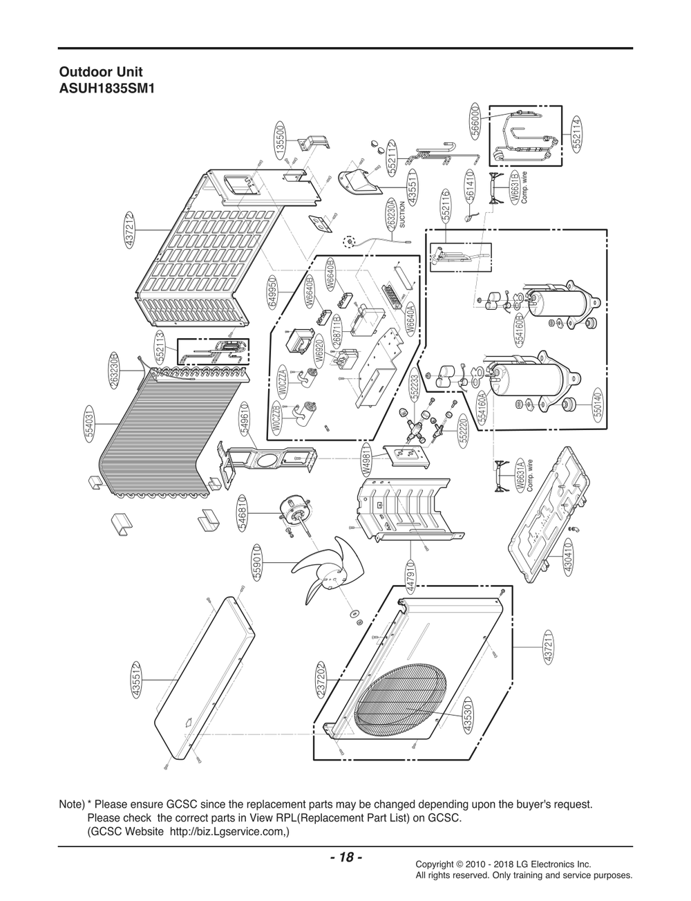 Outdoor Unit Diagram and Parts List for ASUH1835SM1 AWHBEUS LG Air Conditioner