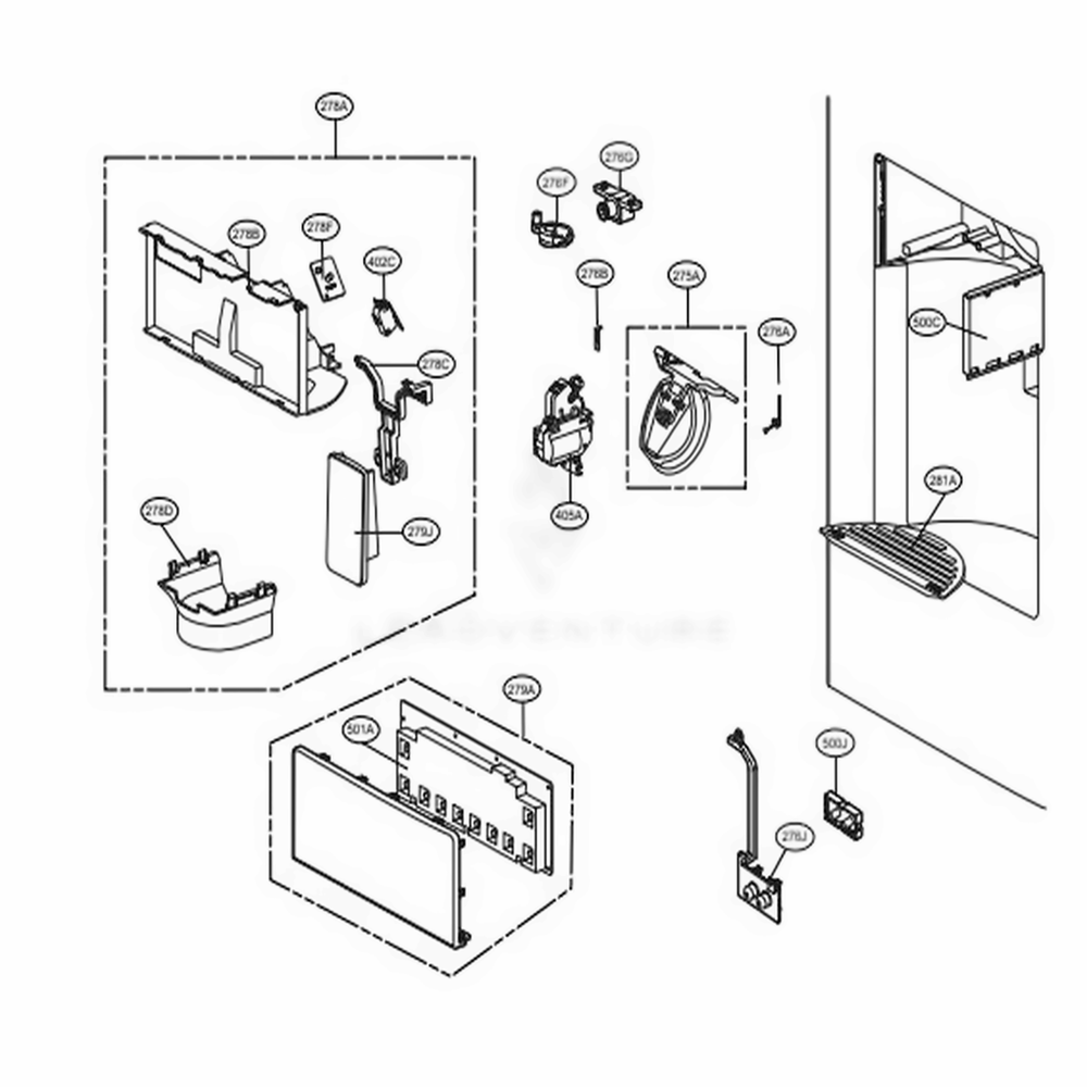 Dispenser Parts Diagram and Parts List for 71072 ASWCSE1 LG Refrigerator