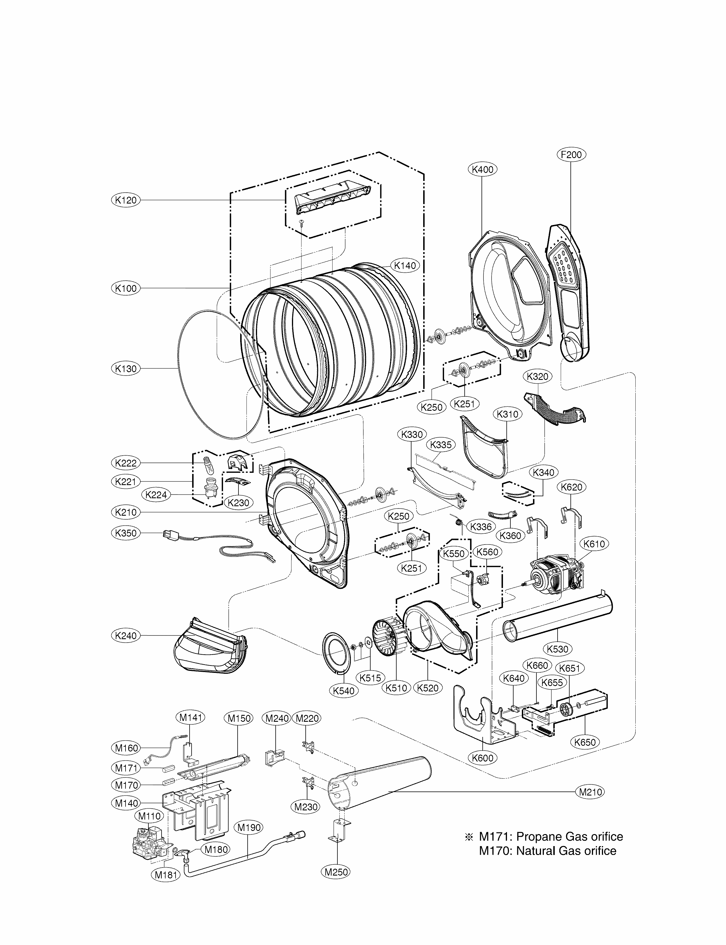 Drum And Motor Parts Diagram and Parts List for 79691182310  Kenmore Dryer