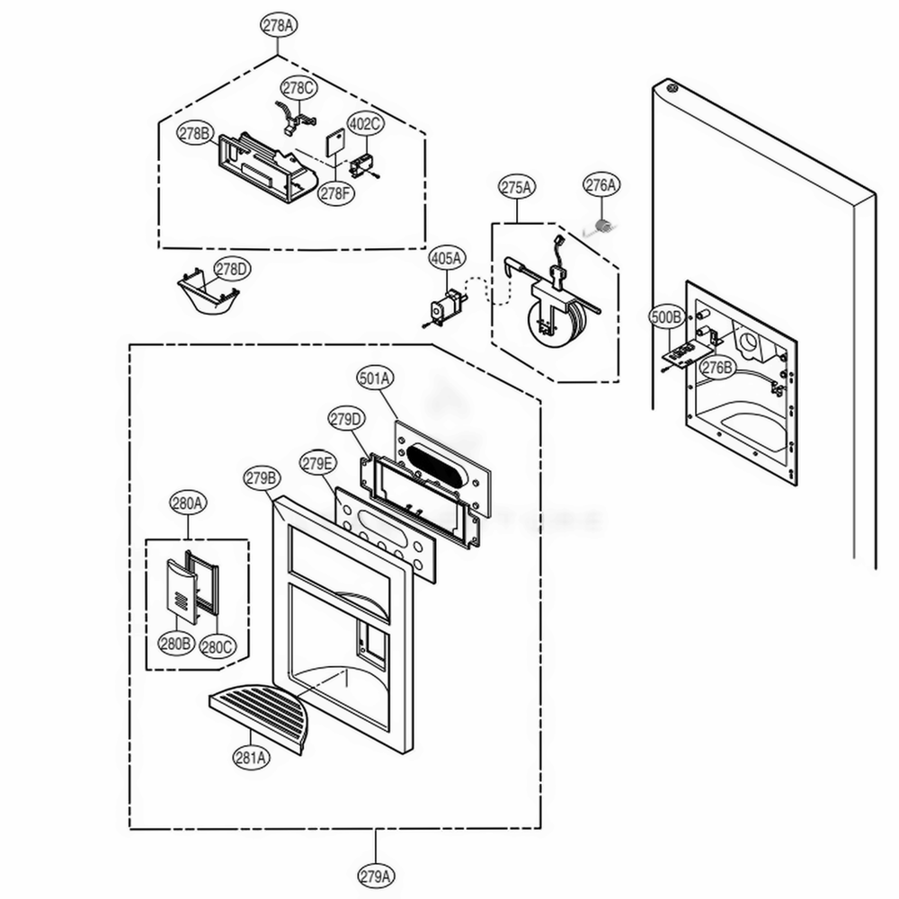 Dispenser Parts Diagram and Parts List for 79737 ABS4SER LG Refrigerator