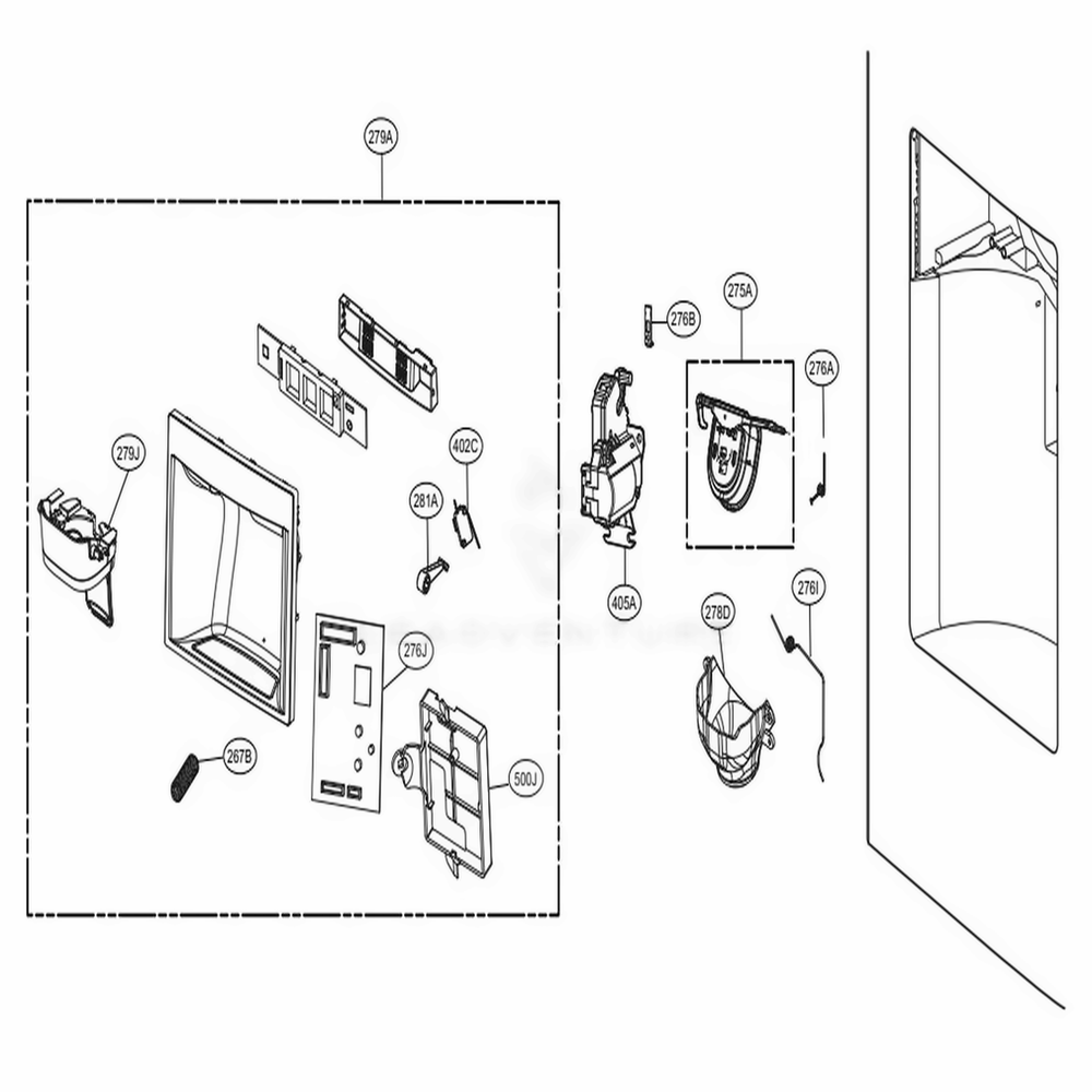 Dispenser Parts Diagram and Parts List for 74049 AWBCSE2 LG Refrigerator