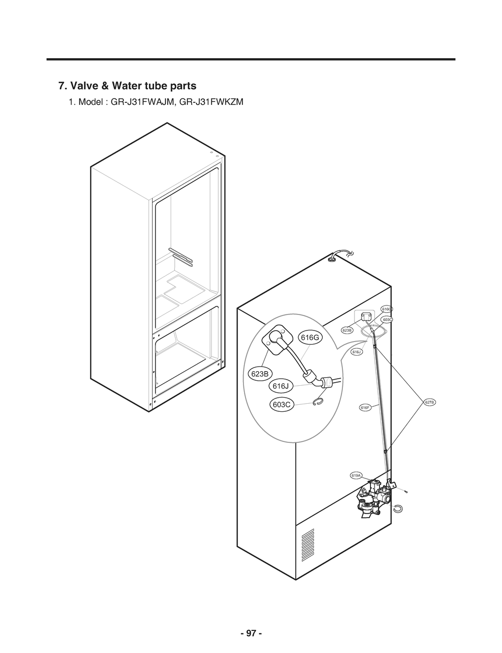 Valve And Water Tube Parts Diagram and Parts List for GR-J31FWAJM ASBCNA0 LG Refrigerator