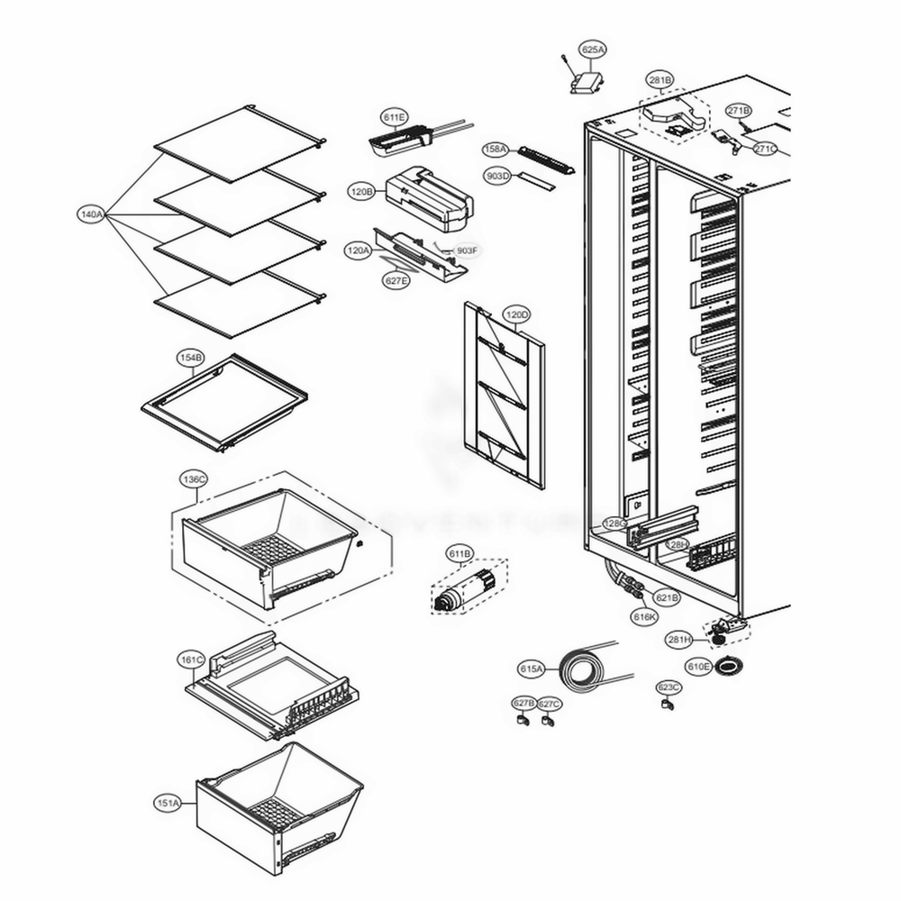 Refrigerator Compartment Diagram and Parts List for 51839 AWBCSE4 LG Refrigerator