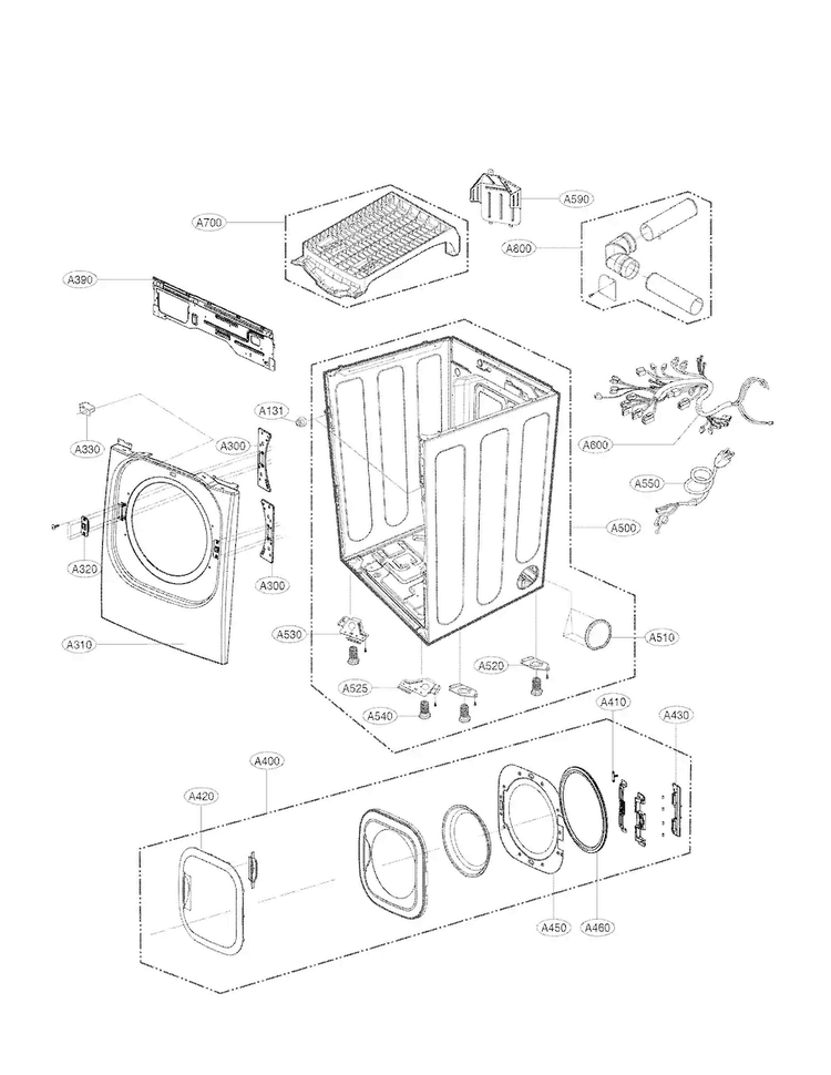 Cabinet And Door Assembly Parts Diagram and Parts List for DLGX4071V  LG Dryer