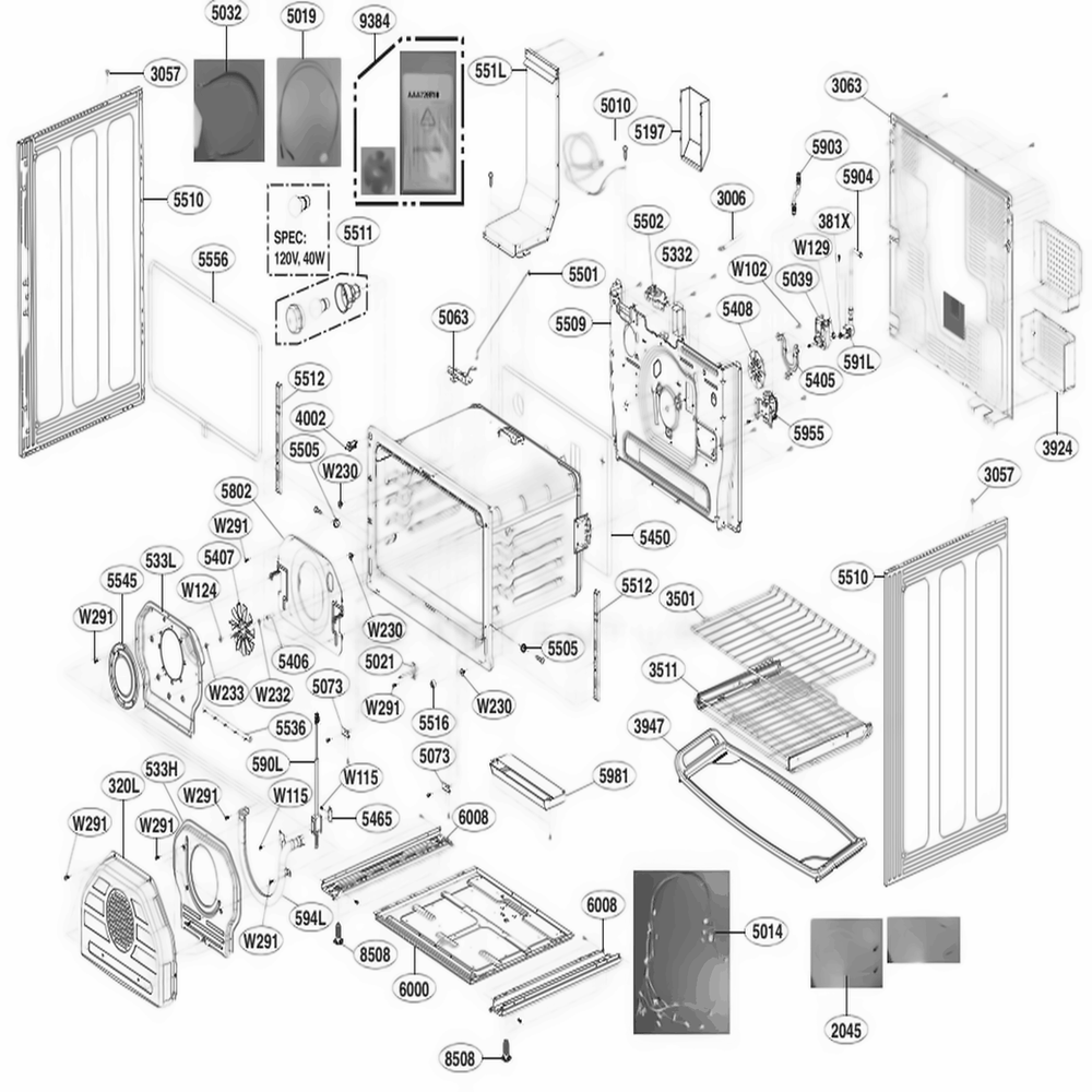 Cavity Parts Diagram and Parts List for LTG4715BM ABMELGA LG Range