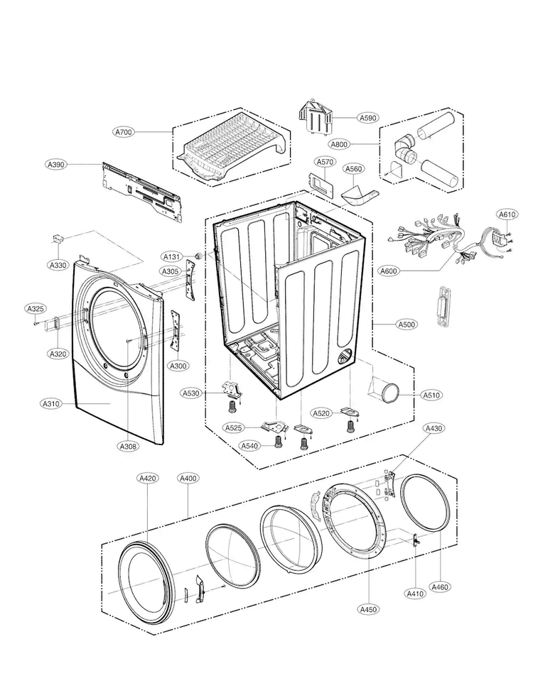 Cabinet And Door Parts Diagram and Parts List for DLEX3570V  LG Dryer