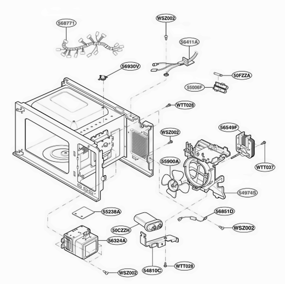 Interior Parts 1 Diagram and Parts List for MA748W01 CW2EGSE LG Range