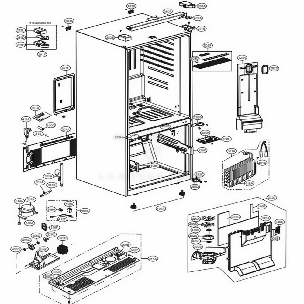 Case Parts Diagram and Parts List for 78043 ASTCSE0 LG Refrigerator