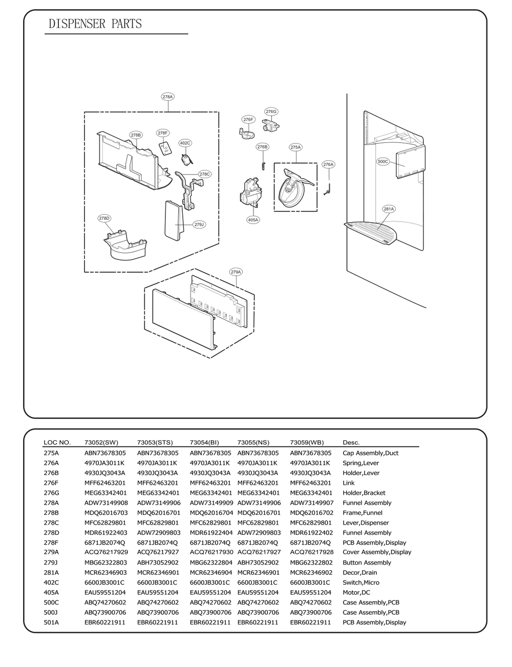 Dispenser Parts Diagram and Parts List for GC-L288GSXM ANSCSE1 LG Refrigerator