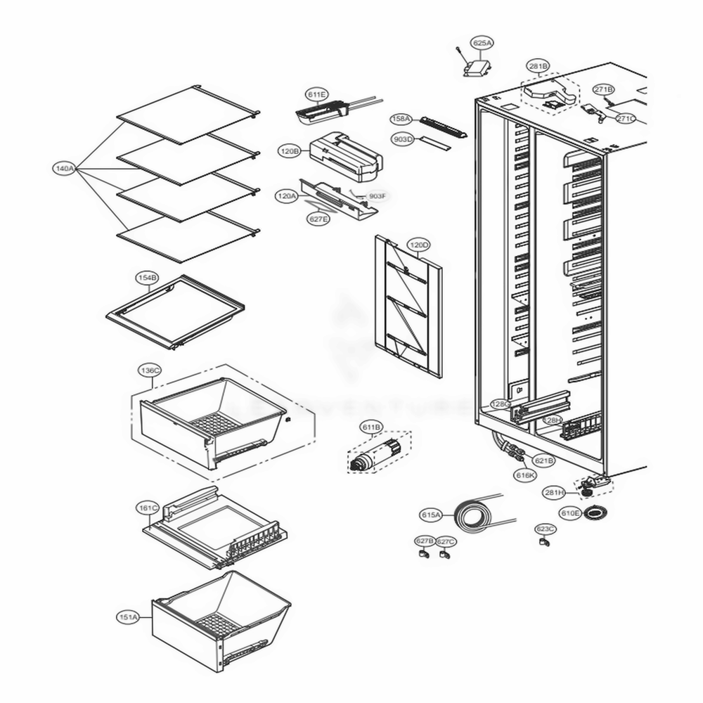 Refrigerator Compartment Diagram and Parts List for 51833 ASTCSE5 LG Refrigerator