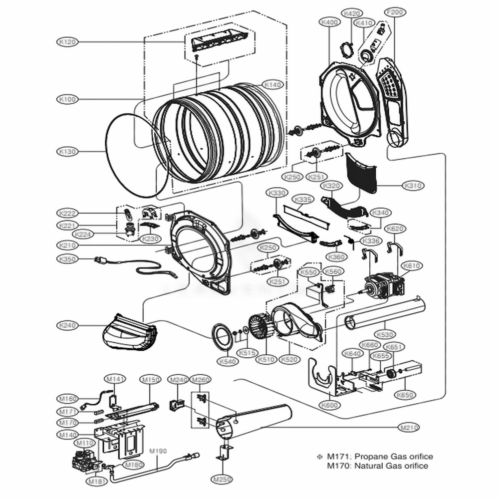 Drum And Motor Assembly: Gas Type Diagram and Parts List for DLGX3371W ABWEEUS LG Dryer