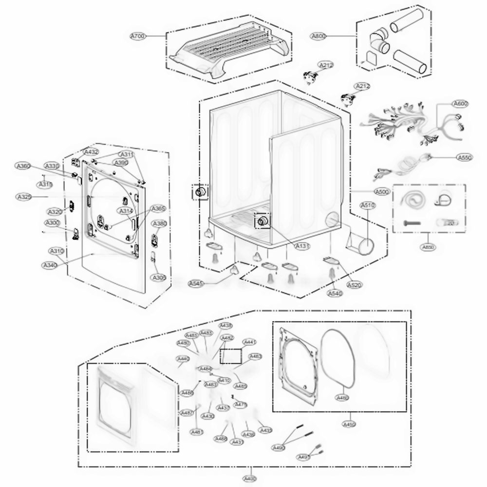 Cabinet And Door Assembly Gas Type Diagram and Parts List for DLG7301WE ABWEEUS LG Dryer