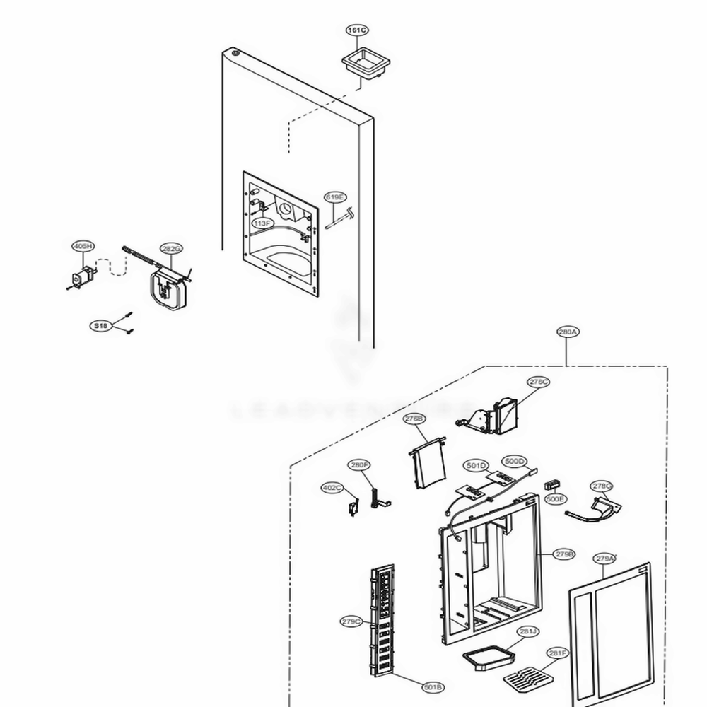 Dispenser Part Diagram and Parts List for LSC27921ST AST2LGA LG Refrigerator