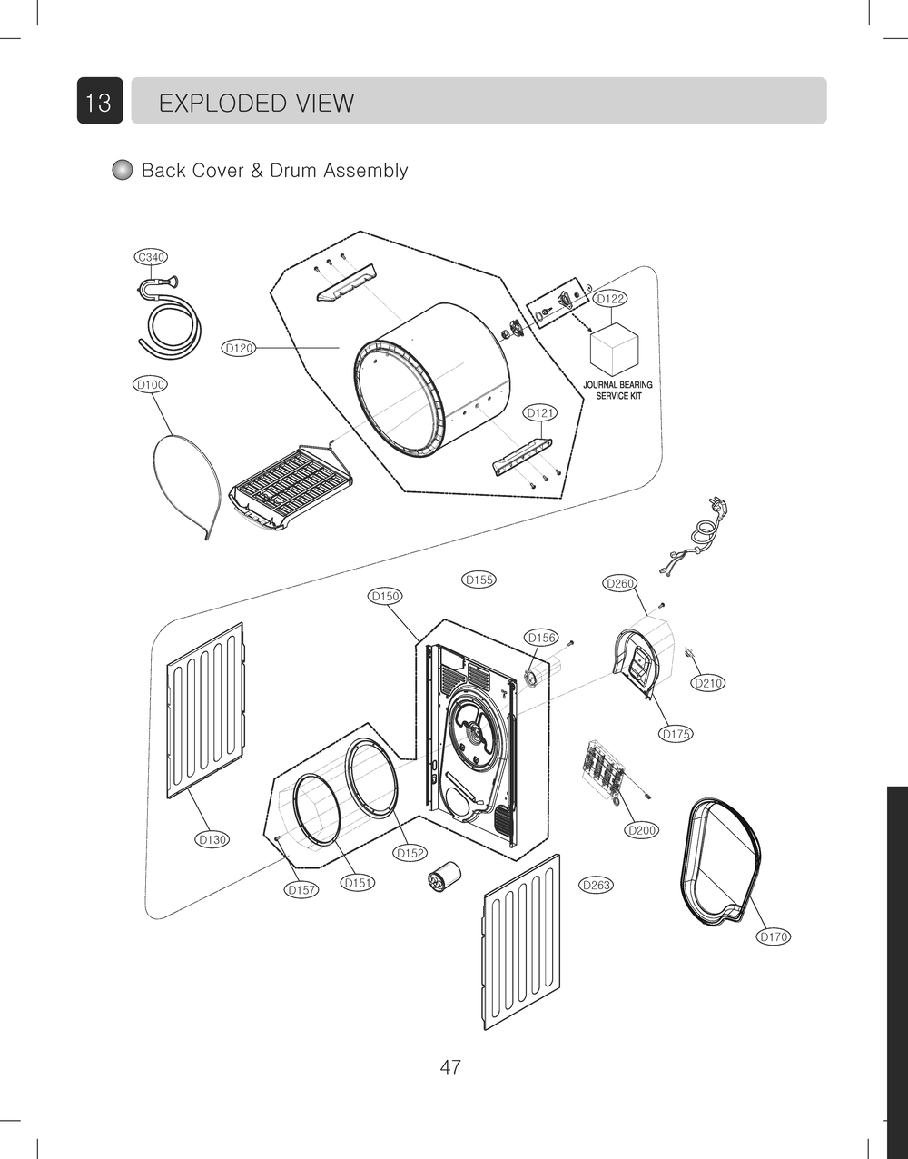Back Cover And Drum Assembly Diagram and Parts List for RC9066A3F ABWEEUS LG Dryer
