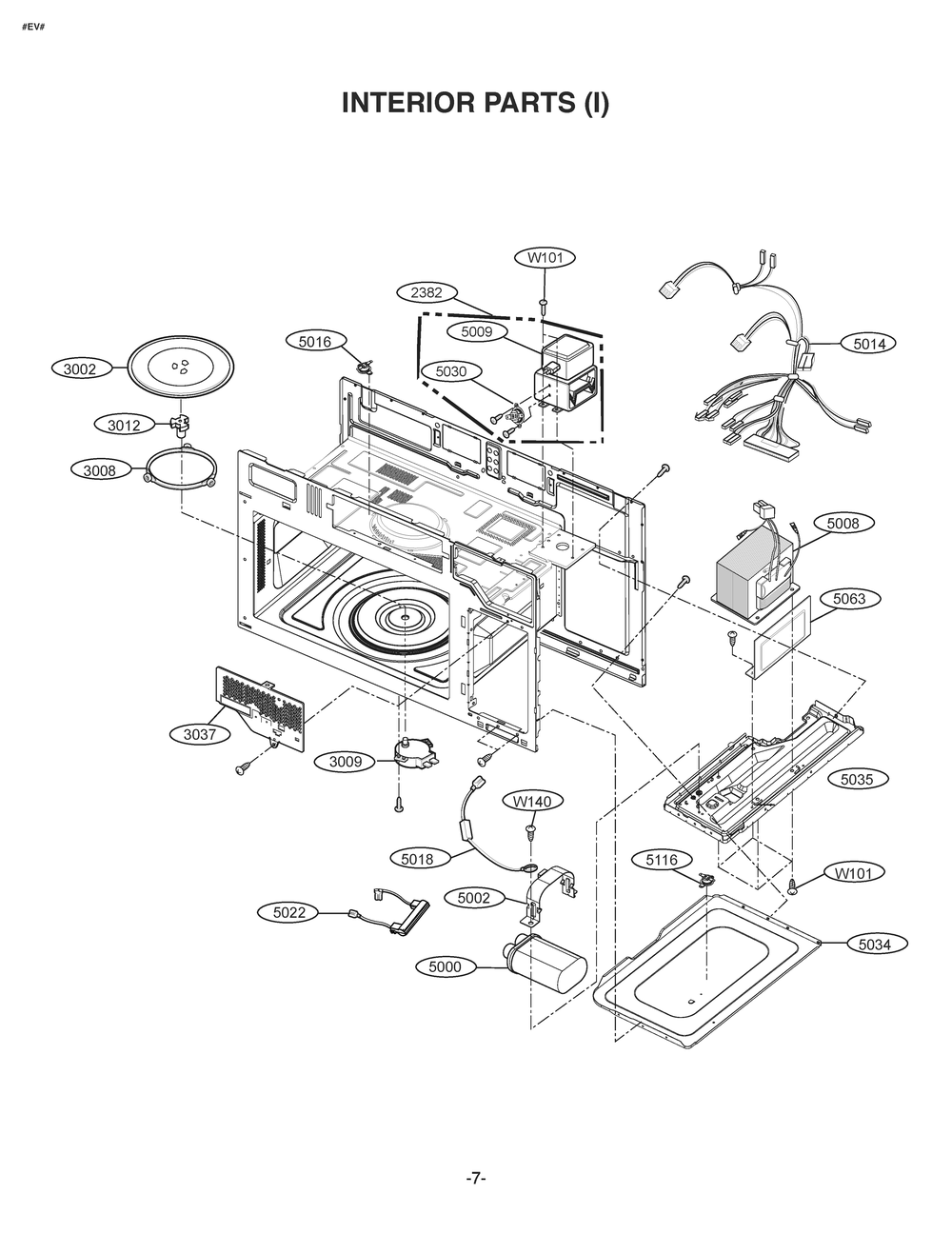 Interior Parts 1 Diagram and Parts List for JVM6175YKFS CFSEGEU LG Microwave Oven Combo