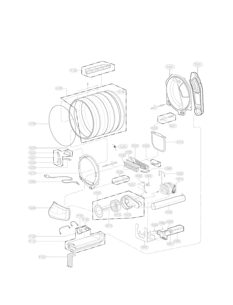 Drum And Motor Parts Diagram and Parts List for DLE1501W  LG Dryer