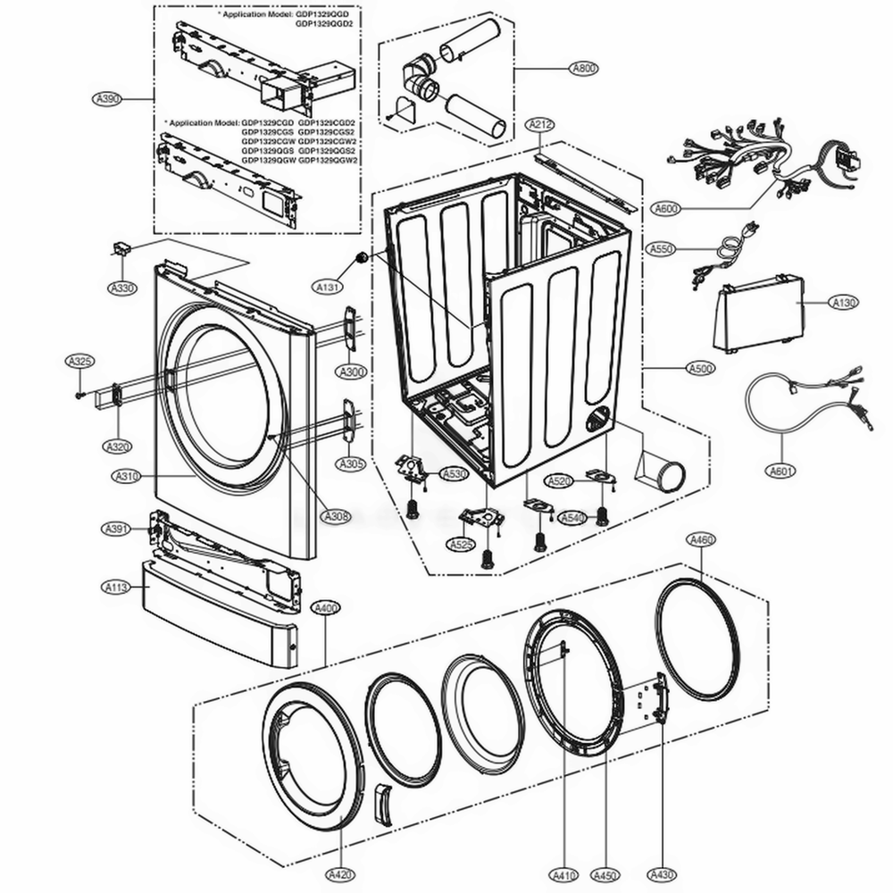 Cabinet And Door Assembly Diagram and Parts List for GDL1329QGS3 ASSEELC LG Dryer