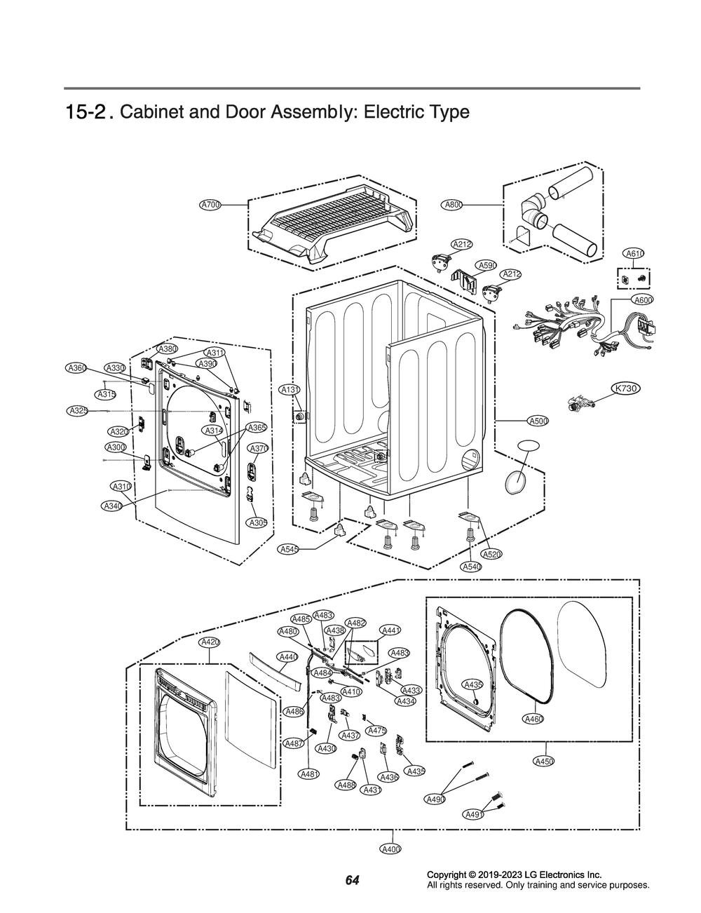 Cabinet And Door Assembly Diagram and Parts List for DLEX7480LE APBEUUS LG Dryer