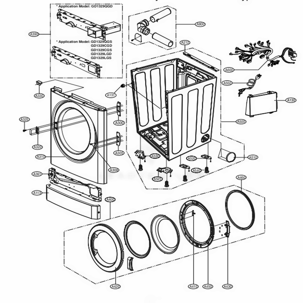 Cabinet And Door Assembly Diagram and Parts List for GD1329QGD ABWEECI LG Dryer