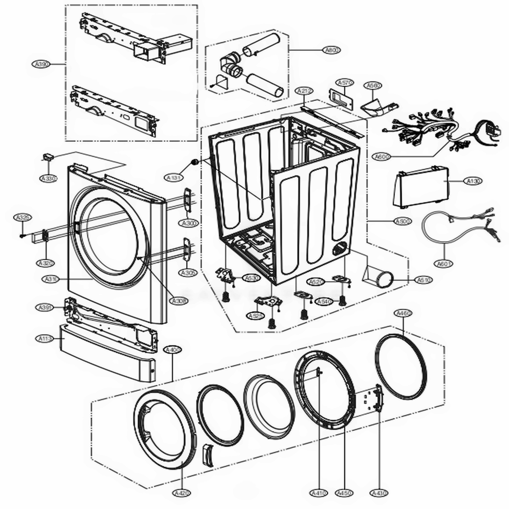 Cabinet And Door Assembly Electric Stack Lower Type Diagram and Parts List for GDP1329CES2 ASSEELC LG Dryer