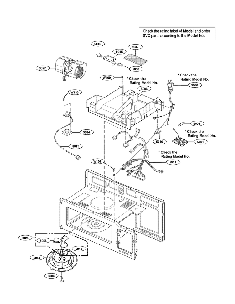 Interior Parts Diagram and Parts List for MV1604SW01  LG Microwave
