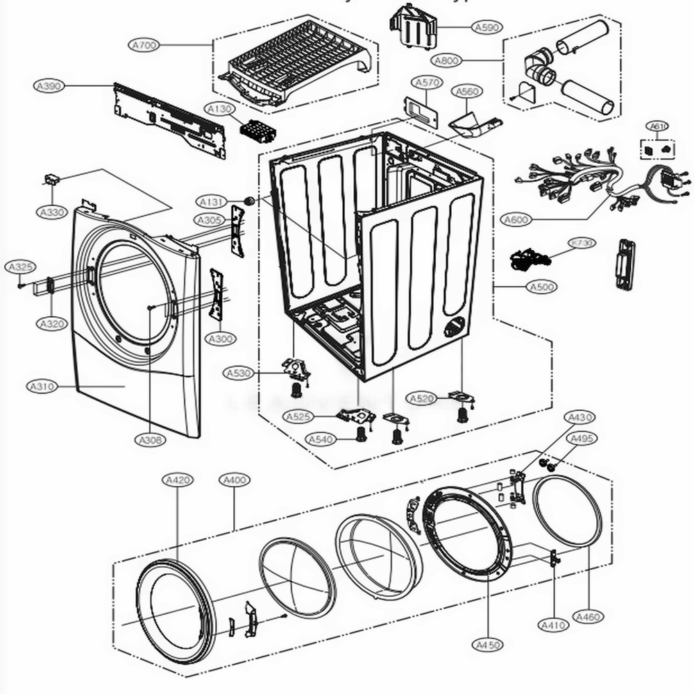Cabinet And Door Assembly Diagram and Parts List for 81462 ABWESEU LG Washer Dryer Combo
