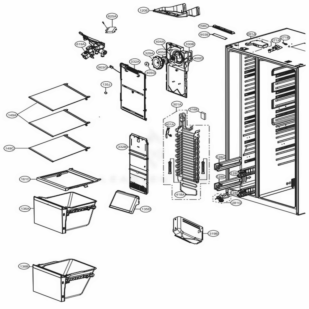 Freezer Compartment Diagram and Parts List for LSXS26366D ASBCNA2 LG Refrigerator