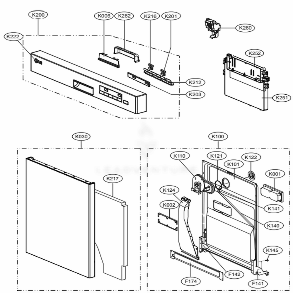Panel/Door Assembly Diagram and Parts List for LDS5040ST ASTEEUS LG Dishwasher