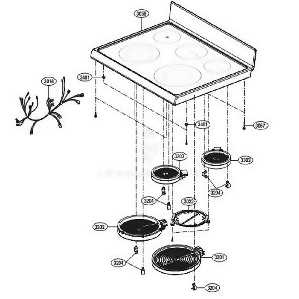 Cooktop Parts Diagram and Parts List for LRE3193SW FWHLLGA LG Range